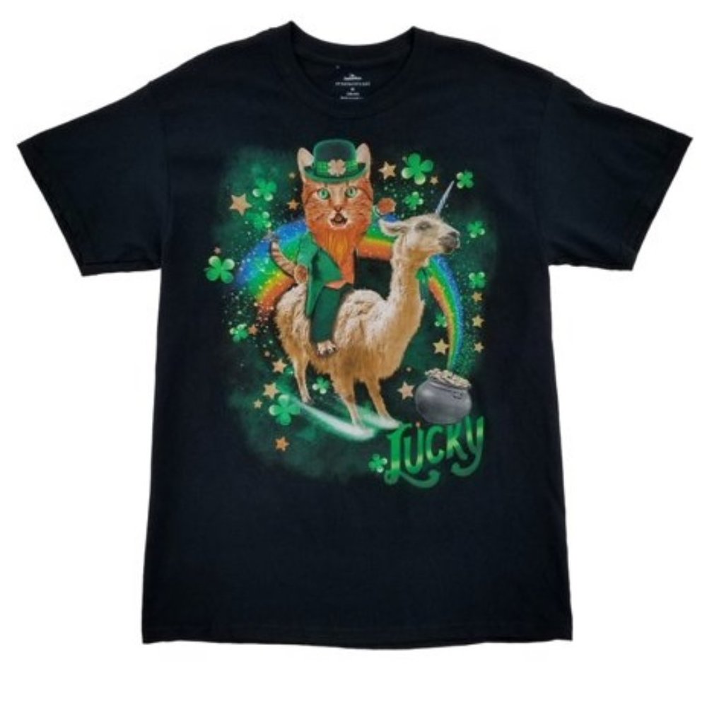 Mens Adult St. Patrick's Day Cat Leprechaun Riding Llamacorn Black T-Shirt NWT